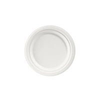 The image shows a round, white, uncoated bagasse plate (17 cm in diameter) from Duni GmbH (pack of 50) viewed from above against a plain white background.