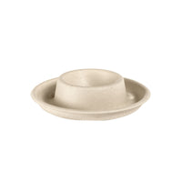Un coquetier beige, rond et plat – modèle « Braun Bagasse » Ø89 non enduit de la société Duni GmbH (lot de 70 pièces), avec un renflement au centre, est présenté sur un fond blanc uni.