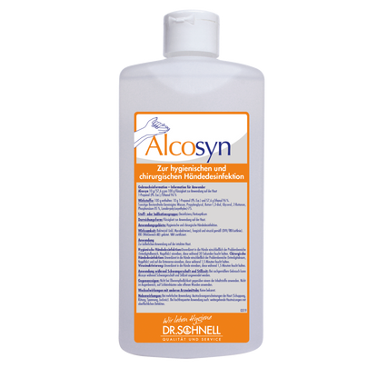 Eine weiße Kunststoffflasche mit der Aufschrift "Dr. Schnell ALCOSYN Händedesinfektion" der DR.SCHNELL GmbH & Co. KGaA mit blauen und orangefarbenen Akzenten zeigt die deutsche Gebrauchsanweisung für ein hautfreundliches Händedesinfektionsmittel.