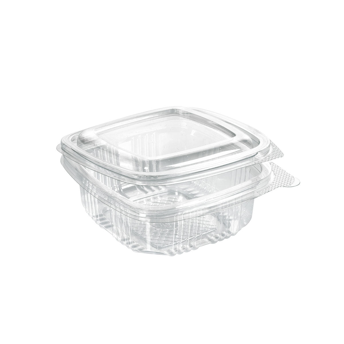 Der rPET Deli Hinged Transparent Container der Duni GmbH, eine klare, quadratische Lebensmittelverpackung mit Scharnierdeckel, ist geschlossen und leer auf weißem Hintergrund abgebildet.
