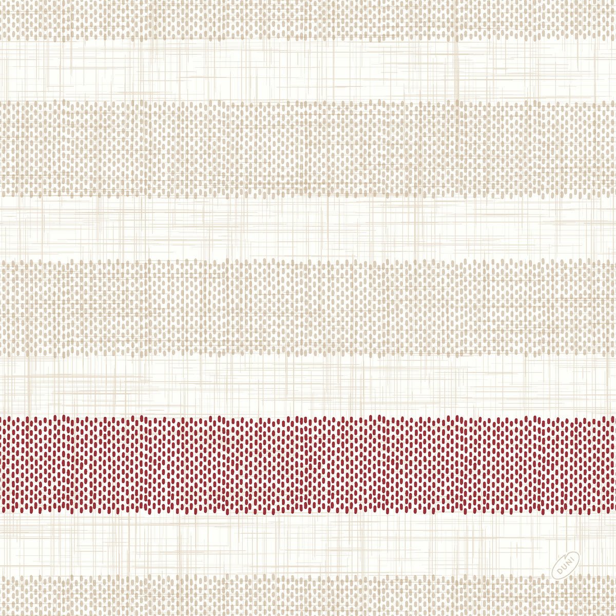 Les serviettes Dunilin 40x40 cm, Rigato Bordeaux de Duni GmbH ont un fond blanc avec des rayures horizontales beige clair et une bande de points rouges vifs dans la partie inférieure. Paquet de 45 serviettes de haute qualité - idéal pour une décoration de table élégante.