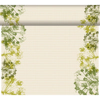 Un telo rettangolare color crema, dalla trama delicata e con bordi decorati da motivi floreali astratti nei toni del verde e del giallo, ispirato allo stile ecologico del modello DC-Tete a Tete 0,4x24 m, ombrelloni di alta qualità nei toni del verde realizzati da Duni GmbH per eventi. Il bordo superiore è arrotolato.