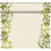 Ein cremefarbenes, rechteckiges Tuch mit einer subtilen Textur und abstrakten grün-gelben Blumenrändern, inspiriert vom umweltfreundlichen Stil des DC-Tete a Tete 0,4x24m, grün-hochwertige Schirme für Events der Duni GmbH. Die obere Kante ist gerollt.