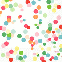 Playful pastel-colored and colorful circles on a white background, accented by faint dotted lines and a red "Duni" oval—ideal for Cellulose Napkins 33 3-ply 1/4 - Happy Bubbles | Pack (250 napkins) by Duni GmbH.