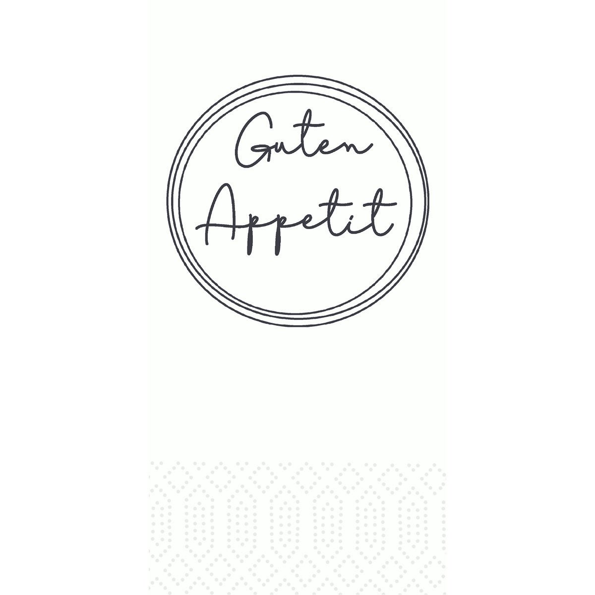 A black circular outline frames the handwritten "Guten Appetit" on white, below a subtle dot pattern - ideal for high-quality 33 cm 2-ply 1/8-fold napkins Appetit white by Duni GmbH (pack of 300 napkins).
