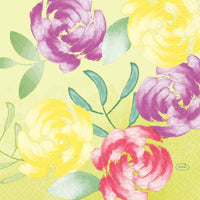 The "33 cm 3-Ply Soft Tropics Napkins" from Duni GmbH feature vibrant brushstrokes of flowers and green leaves on a light yellow background—perfect for your garden party. The package contains 50 high-quality paper napkins, each featuring a subtle blue Duni logo.