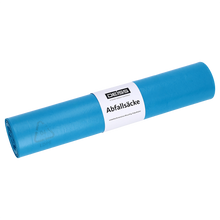 Abgebildet ist eine blaue Rolle DEISS 20740 Müllsäcke (575x1000 mm, 25 Stück) der EMIL DEISS KG (GmbH + Co.) mit weißem Etikett auf einfarbig weißem Hintergrund.