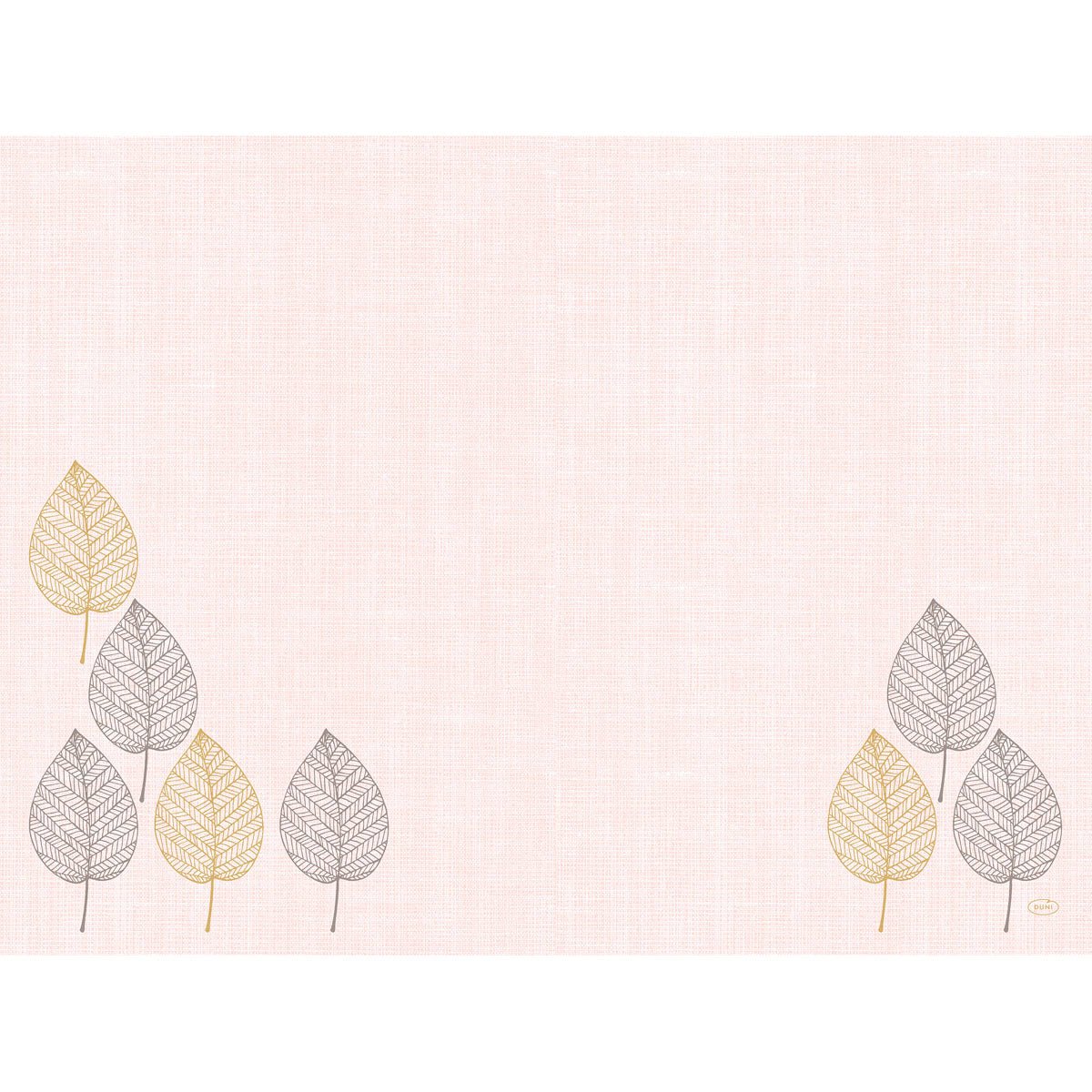 A pale pink textured background with gold and black bordered leaves in the lower corners - ideal for highlighting the Bio-Dunicel sets 30x40 Aspen | Pack (100 pieces) by Duni GmbH. The center is empty for additional emphasis.