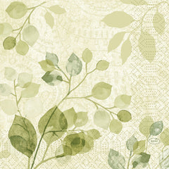 Die Duni GmbH Servietten 33x33 3lagig 1/4 Paisley Blätter (50 Stück) zeigen ein Aquarelldesign mit grünen, blättrigen Zweigen auf hellem Beige und subtilen Paisleymustern und bieten einen weichen, natürlichen Look mit zarten, strukturierten Details.