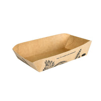 Le barquette Alga rectangulaire 160 x 85 x 40 mm, marron | Carton de la société Duni GmbH est une barquette marron, rectangulaire et compostable, aux bords arrondis, ornée d'illustrations d'algues et portant à l'intérieur la mention « Hey, je suis recouverte d'algues ! ».