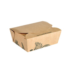 The Alga Box 1200ml 120x110x62mm, brown | Cardboard Box by Duni GmbH is a closed brown box featuring black botanical illustrations and the phrase "Hey! I'm covered in algae!" on the top flap—an eco-friendly packaging solution for takeout food.