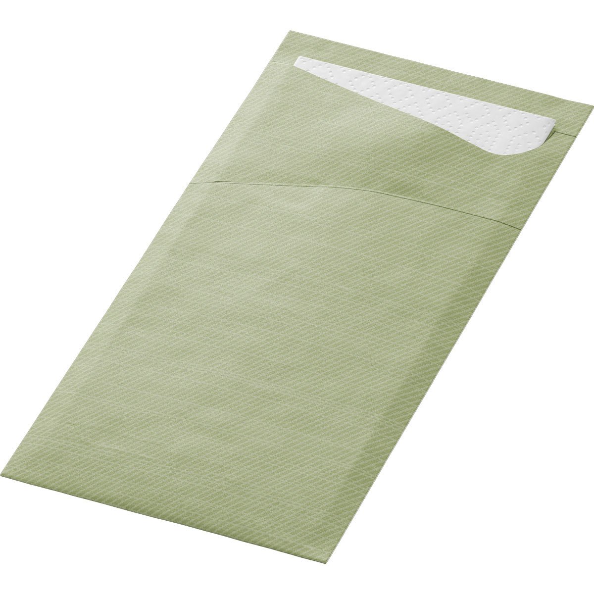Una SACCHETTO verde pistacchio 190x85 mm di Duni GmbH, una borsa di alta qualità in confezione ecologica, confezione da 100 pezzi, su sfondo bianco con lenzuolo bianco parzialmente visibile.