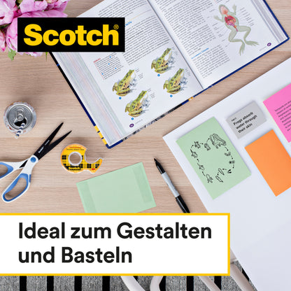 Auf dem Tisch liegen ein offenes Biologiebuch, Notizzettel, Schere, eine Dose, 3M Scotch® doppelseitiges Klebeband (19 mm x 33 m), Stift und Papier. "Ideal zum Gestalten und Basteln" - perfekter Bastelbedarf von 3M Deutschland GmbH.