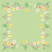Das Bio-Dunicel-Mitteldeckchen Spring Melody (84x84 cm) von Duni GmbH zeigt eine grüne Mitte, umrahmt von Aquarell-Tulpen, Narzissen und weißen Blüten - ideal als blumige Tischdekoration zu Frühlingsanlässen. Packung mit 100 Stück.
