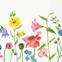 40x40 cm 3-ply "Flowy Meadow" napkins by Duni GmbH: Decorative paper napkins featuring colorful wildflowers—yellow, pink, purple, and blue blossoms on a green meadow background against a white backdrop, with a subtle patterned border on the right. Pack (250 pieces).