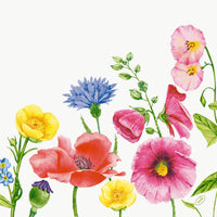 Farbenfrohe Wildblumen - roter Mohn, gelbe Butterblumen, rosa Stockrosen, blaue Kornblumen - arrangiert auf einem schlichten weißen Hintergrund, ideal für den Bio-Dunisoft-Serv. 40x40cm von Duni GmbH.