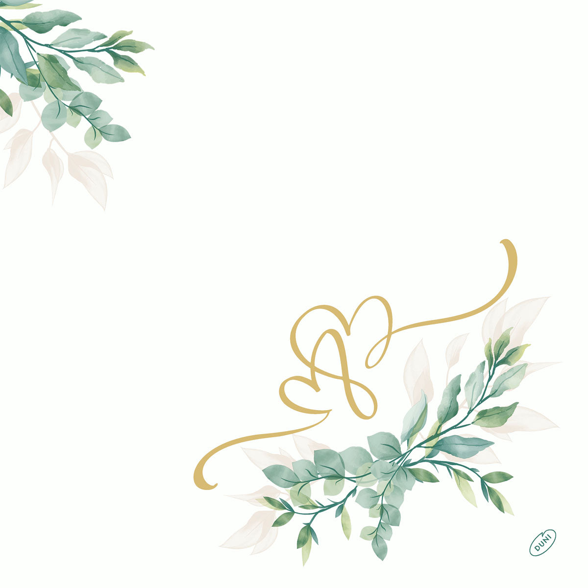 Die Dunilin Servietten 40x40 cm Love Hearts von Duni GmbH haben einen weißen Hintergrund, aquarellierte grüne Blätter in zwei Ecken und zwei goldene dekorative Herzen über den Blättern. Inklusive kleinem Logo unten rechts. Packung mit 45 Stück.