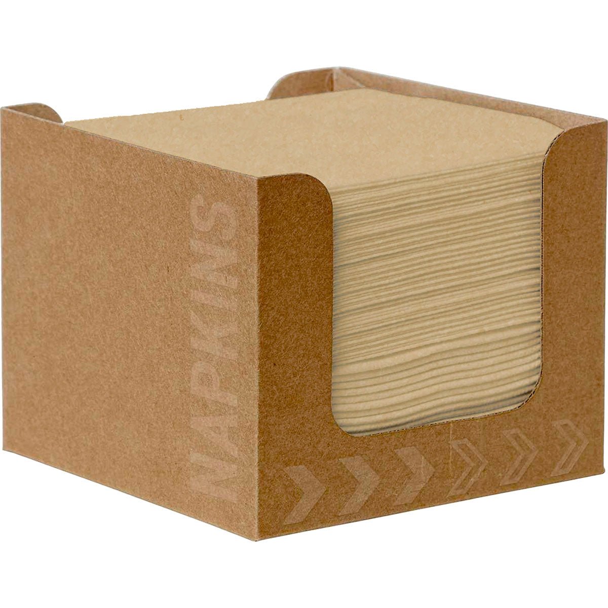 Eine Packung mit 50 Duni GmbH Bio-Dunisoft Servietten (20x20 cm, naturbraun) befindet sich in einer schlichten Schachtel mit der Aufschrift "NAPKINS" und Pfeilen, die an der Vorderseite geöffnet ist, um die umweltfreundlichen Kanten zu zeigen.