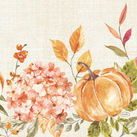 The 33x33 3-ply "1/4 Spicy Pumpkin" napkins from Duni GmbH feature a watercolor depiction of a spice pumpkin, hydrangea blossoms, orange berries, and autumn leaves—ideal for an autumnal design in warm, earthy tones. Pack of 50.