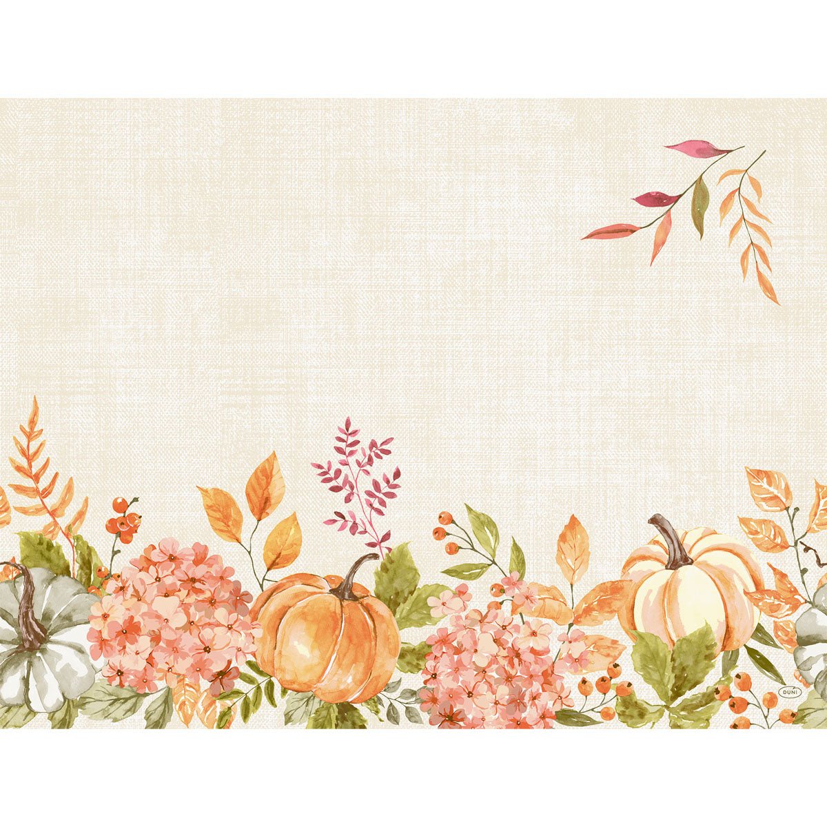 Watercolored spice pumpkin, hydrangeas, and autumn leaves in orange, green, and beige on a textured, cream-colored background. Ideal for Duni GmbH paper placemats 30x40cm Spicy Pumpkin | Pack (250 pieces), with a cluster of leaves in the top right corner.