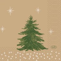 Ein grüner Weihnachtsbaum auf hellbraunem Hintergrund mit weißen Sternen und geometrischen Mustern ziert die Servietten 24x24 3-lagig "Humble Trees" (250 Stück) von Duni GmbH. Das kleine "DUNI"-Logo befindet sich in einem Oval unten rechts, und die Servietten sind umweltfreundlich.