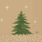 Ein grüner Weihnachtsbaum steht allein auf einem hellbraunen Hintergrund mit weißen Punkten, Sternen und einem kleinen DUNI-Logo. Dieses festliche Design schmückt die Servietten 24x24 3lagig 1/4 Humble Trees der Duni GmbH - perfekt für Festtage. Packung: 50 Stück.