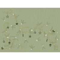 The Bio-Dunicel 30x40 Noel Pistachio sets from Duni GmbH feature decorative branches with ornaments, stars, hearts, birdhouses, and white berries on a muted green background—perfect for an elegant, sustainable table setting. Pack of 100.