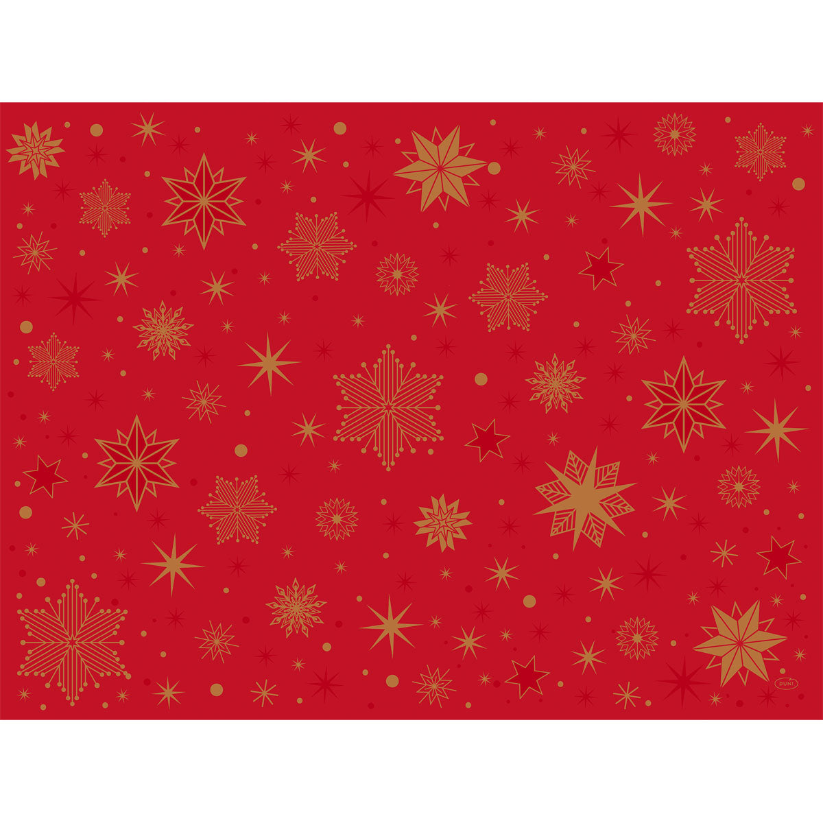 Die Duni GmbH Papier-Tischsets 30x40 cm in Stargazing rot zieren goldene Schneeflocken und Sterne für ein festliches Ambiente - ideal für Feiern, erhältlich im 250er-Pack.
