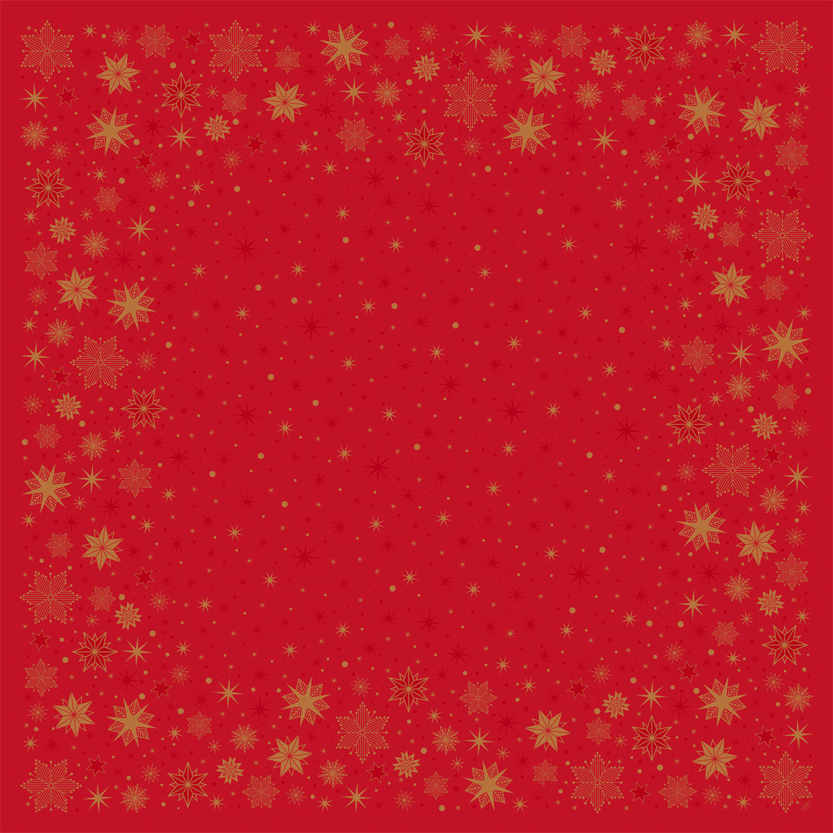 Roter Hintergrund mit goldener Schneeflocken- und Sternenbordüre, die die Mitte offen lässt - ideal für die Präsentation der Bio-Dunicel Mitteldecke 84x84 cm in rot von Duni GmbH bei Stargazing Events oder als nachhaltige Festtagsdekoration.