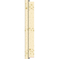Die Dunicel-Rolle 25x1,18m Star Stargazimg creme von Duni GmbH hat ein beiges Design mit goldenen Schneeflocken und Sternen, ideal als Tischdekoration. Die Rolle wirft einen linken Schatten, so dass der Eindruck entsteht, sie sei teilweise ausgerollt oder geschichtet.