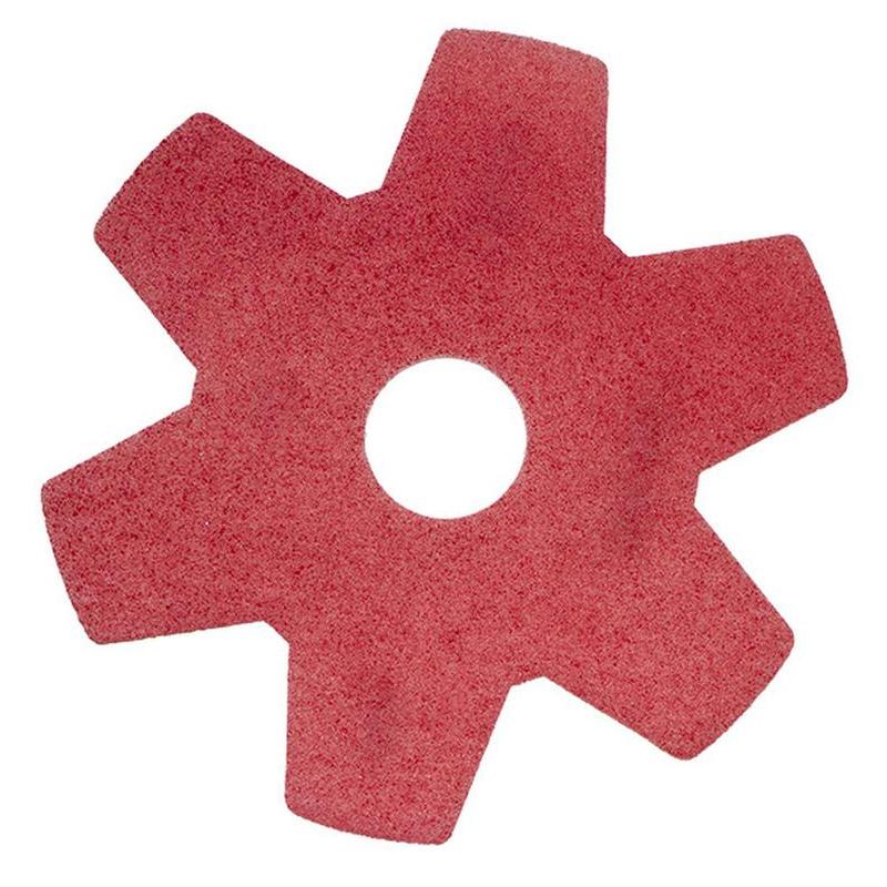 The red, six-pointed Twister Hybrid Pad from Diversey Deutschland GmbH & Co. OHG is designed for the renovation of stone floors and is made of durable materials with a central circular hole.