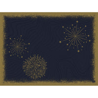 A dark blue background with abstract gold fireworks and star patterns, framed by a textured gold border. Inspired by the Bio-Dunicel 30x40 Sparkly Black sets (100 pieces) from Duni GmbH, perfect for an elegant, festively set table.