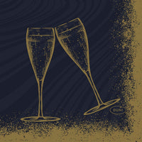 Sui tovaglioli neri Bio-Dunisoft 20x20 Sparkly Cheers della Duni GmbH (confezione da 180 pezzi) è raffigurato un semplice disegno al tratto di due flûte da champagne che si toccano, che risalta su uno sfondo scuro con screziature dorate e un ovale con la scritta "DUNI" in basso a destra.