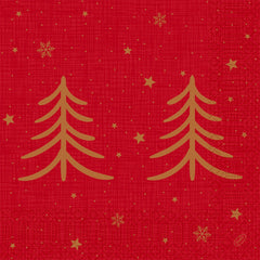 Les serviettes 40 x 40, 3 épaisseurs, motif « 1/4 Shimmer Trees » (paquet de 250 pièces) de la société Duni GmbH représentent deux arbres aux reflets dorés sur un fond rouge à motifs, parsemé d'étoiles et de flocons de neige dorés : elles sont idéales pour apporter une touche d'élégance à toute table de fête.
