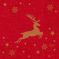A golden reindeer leaps among stars and snowflakes on a red background—perfect for the holidays. The 24x24 3-ply 1/4 Shimmer Trees napkins from Duni GmbH feature subtle "DUNI" lettering in the lower right corner. Package: 250 pieces.