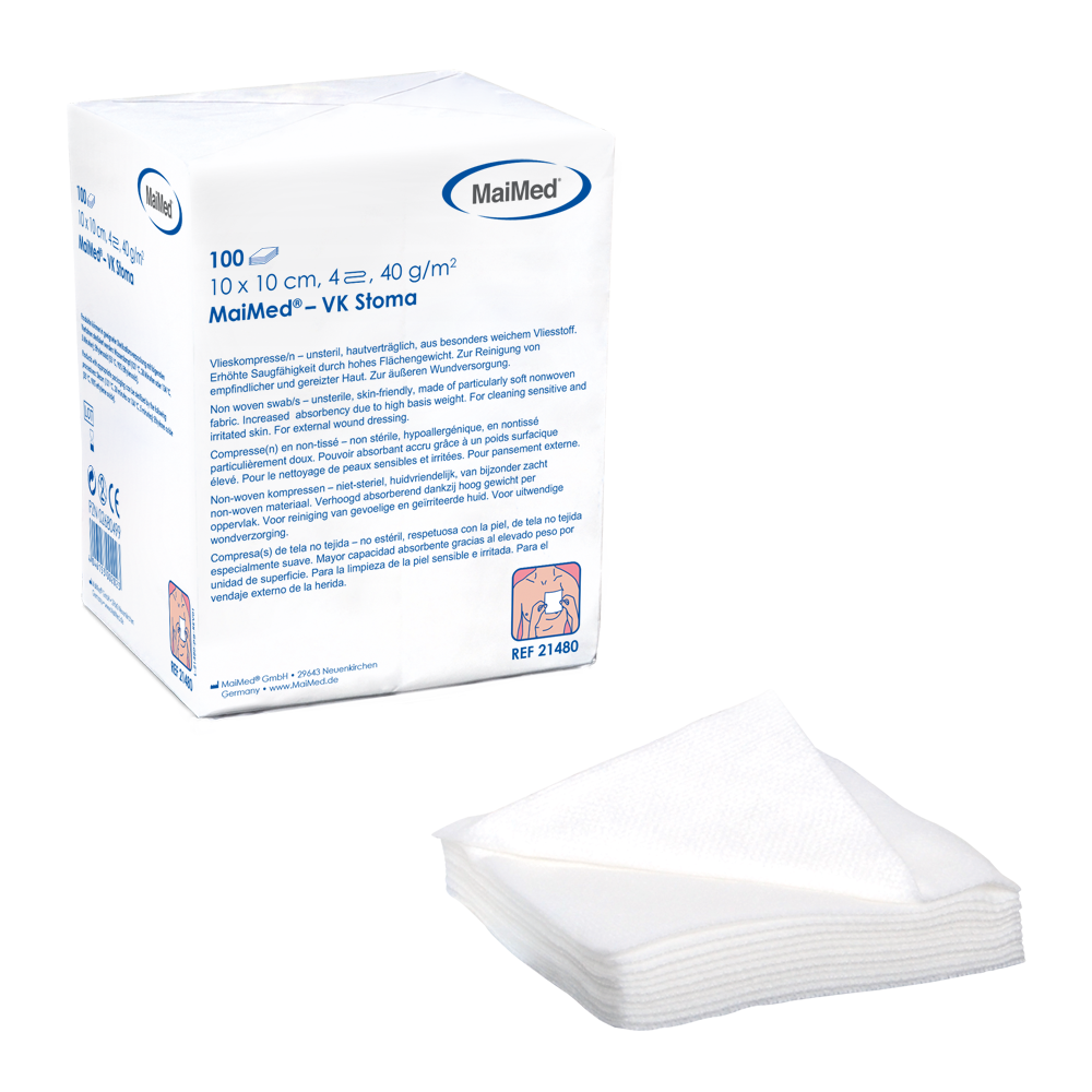 MaiMed-VK-Stoma-non stérile 10x10 cm 4 plis, 40 g compresses non tissées de 100 pièces/sac en papier | Paquet (100 pièces)