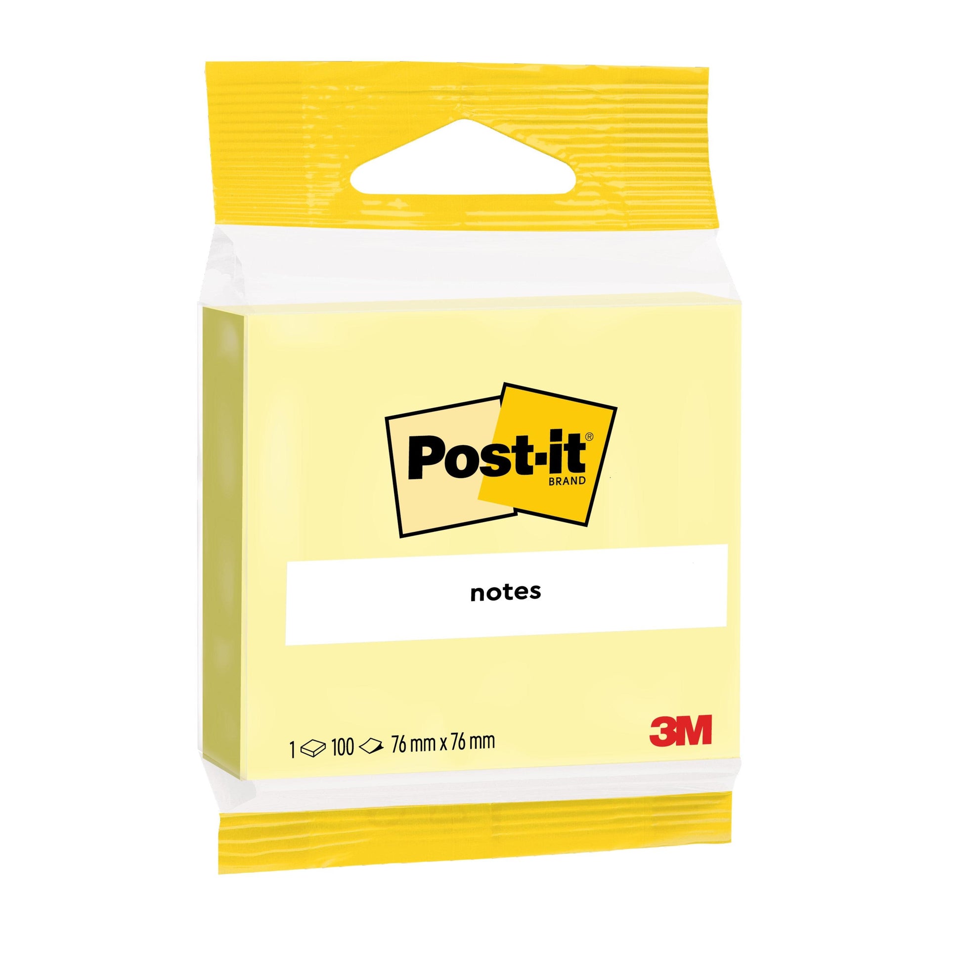 Post-it® Notes in Gelb, 76 x 76 mm, 100 Blatt pro Block, 1 Block/Packung von 3M Deutschland GmbH, PEFC-zertifiziert (SGSCH-PEFC-COC-110078). Die Verpackung ist überwiegend gelb und weiß mit dem 3M-Logo unten rechts.
