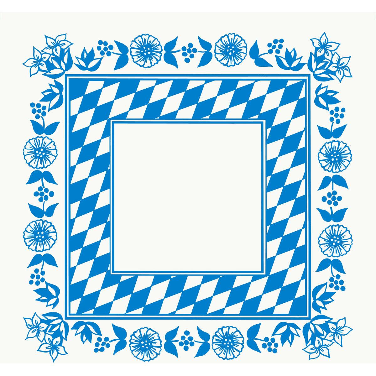 Una tovaglia quadrata Dunicel 84x84 cm di Duni GmbH con bordo a rombi bavaresi blu-bianco, cornice floreale blu su sfondo bianco e centro vuoto - perfetta per una decorazione da tavola elegante. Confezione: 20 pezzi.