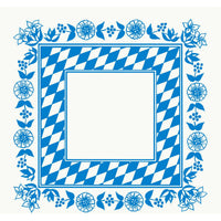 A square Dunicel centerpiece, 84x84 cm, from Duni GmbH, featuring a blue-and-white Bayer diamond border, a blue floral frame on a white background, and a blank center—perfect for a stylish table setting. Package: 20 pieces.