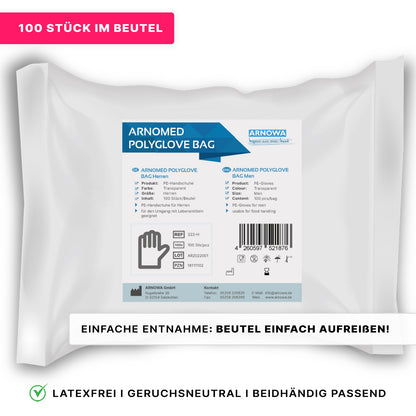 Eine weiße Verpackung von ARNOMED POLYGLOVE BAG Einmalhandschuhe aus PE von ARNOWA GmbH enthält Produktinfos, Barcode und Unternehmensangaben. Rosa Banner heben "100 Stück im Beutel" und Anweisungen zum einfachen Öffnen hervor.