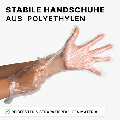 Abgebildet sind zwei Hände, von denen die eine eine ARNOMED POLYGLOVE BAG - Einmalhandschuhe aus PE im Beutel transparent der ARNOWA GmbH über die andere zieht. Darüber steht der Text "Stabile Handschuhe aus Polyethylen". Ein Etikett weist auf ihre Langlebigkeit hin.