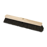 The Nölle Profi Brush Arenga Hall Broom with Saddle-Shaped Wooden Handle and Handle Hole, manufactured by Nölle Profi Brush Bürsten- & Pinseltechnik e.K., features black bristles and a light-colored wooden block, which is pictured without a handle against a white background.