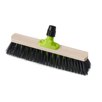 The Nölle Profi 40 cm Hall Broom has stiff black PVC bristles, a beechwood head, and a green plastic handle base. Handle not included. Brand: Nölle Profi Pinsel Bürsten- & Pinseltechnik e.K.