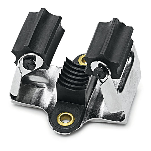 Nahaufnahme des Nölle Profi Brush Besen- und Gerätehalters (1 Stück) von Nölle Profi Brush Bürsten- & Pinseltechnik e.K. - ein Metallhalter mit TPE-Klemmwalze, gerippten Gummipuffern, gerillter Mitte und Befestigungslöchern.