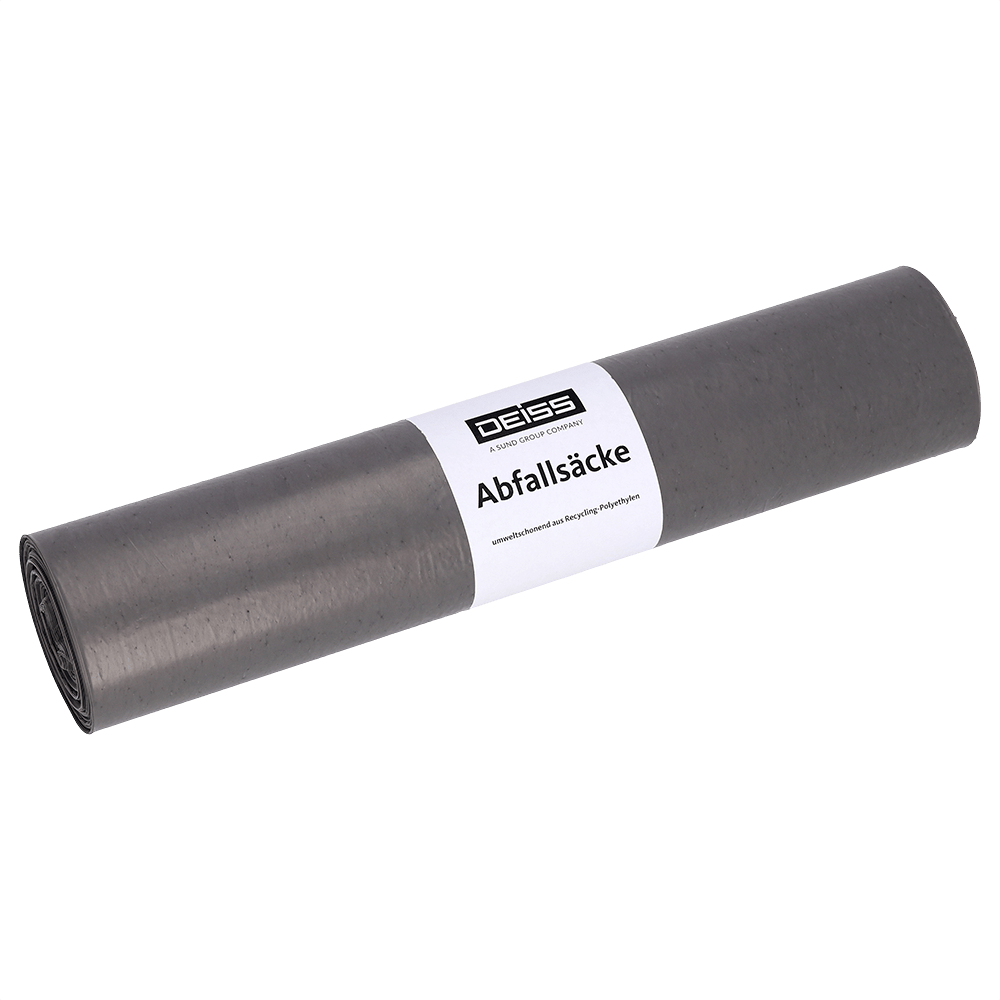 Un rouleau de sacs à ordures DEISS 24054 gris (700x1100 mm, 25 pièces) de EMIL DEISS KG (GmbH + Co.) avec une étiquette blanche est posé sur un fond simple et clair.