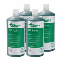 Four bottles of Abena Re-Seller GmbH GastroPower GP Twin All-Purpose Cleaner (325 ml, 4-pack, 1999915025) containing green liquid and featuring white caps are neatly arranged—ideal as a professional cleaning solution for the food service industry.