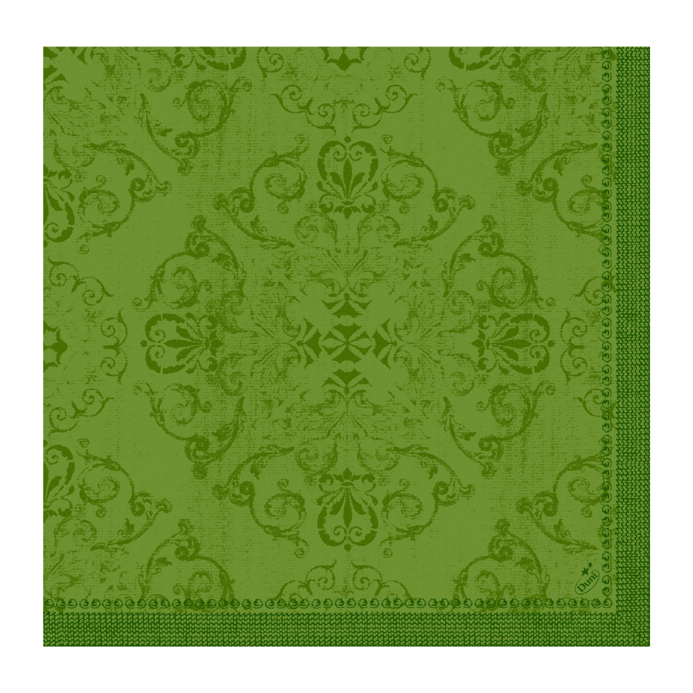 A Dunilin® napkin by Duni GmbH in the size 40 x 40 cm in green with an artistic floral and scroll pattern. The symmetrical design is characterized by intricate details, while the edge features a repeating geometric motif, embodying an opulent design.