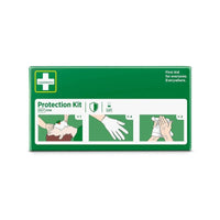A green box labeled "Protection Kit" by Orkla Wound Care AB contains a face mask with a valve, four gloves, and instructions for a safe skin cleanser. The text reads: "First aid for everyone. Everywhere." The package contains 1 piece.