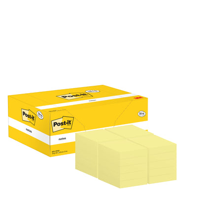 Abgebildet ist eine gelbe Post-it® Notes Promotion Packung der 3M Deutschland GmbH mit 16 Blöcken plus 4 Gratisblöcken (38 mm x 51 mm, 100 Blatt pro Block), PEFC-zertifiziert, mit Notizzettel auf der Vorderseite.