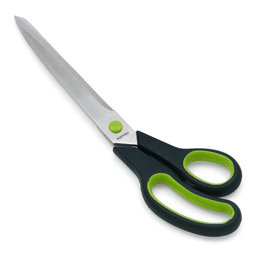Le forbici da tappezzeria Nölle Profi Brush 2K11 con lame in acciaio inossidabile e manici ergonomici nero-verde garantiscono tagli precisi; raffigurate su sfondo bianco. Marca: Nölle Profi Brush Bürsten- & Pinseltechnik e.K.